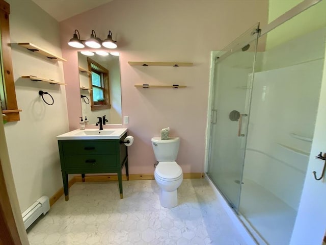 186 Hoosac Rd, Conway, MA 01341 - bathroom featuring baseboard heating, toilet, vanity, a shower stall, and tile patterned floors