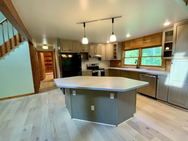 186 Hoosac Rd, Conway, MA 01341 - kitchen with appliances with stainless steel finishes, a sink, light wood-style flooring, light countertops, and open shelves