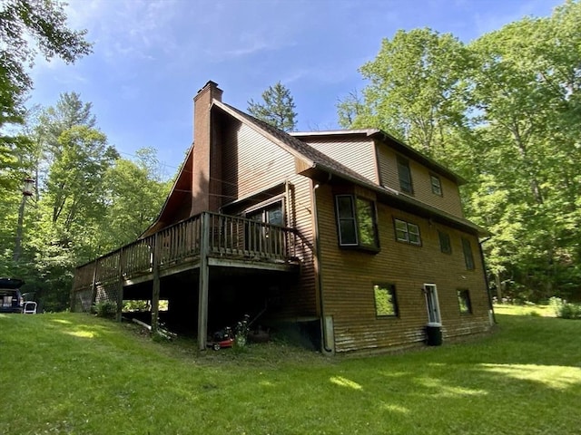 186 Hoosac Rd, Conway, MA 01341 - view of property exterior featuring a chimney, a yard, and a wooden deck