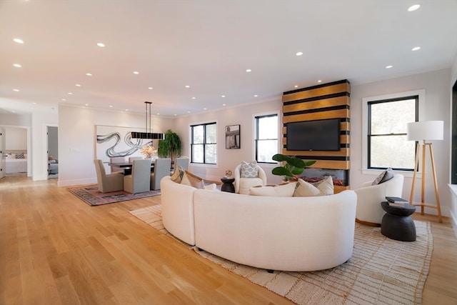 living room with ornamental molding, light wood-type flooring, and plenty of natural light