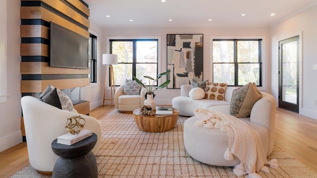 living room featuring light hardwood / wood-style floors and crown molding