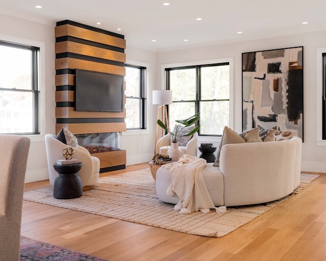 living room with light wood-type flooring, a wealth of natural light, and ornamental molding