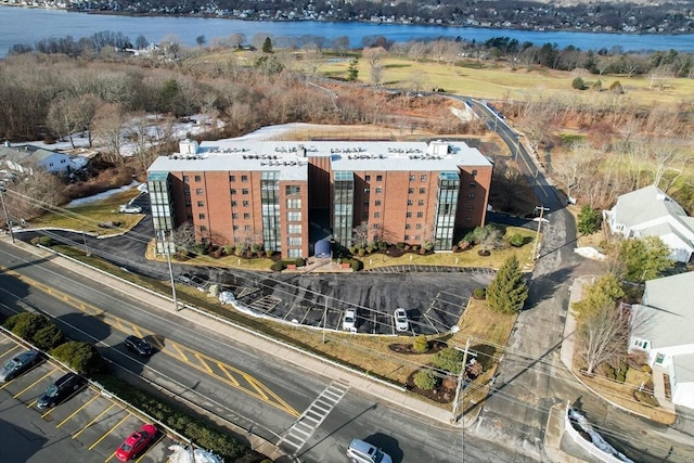 drone / aerial view with a water view