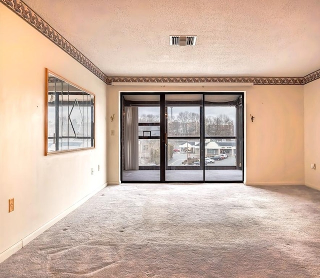 carpeted empty room featuring a wealth of natural light and a textured ceiling