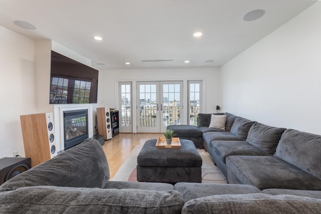 312-320 W 3rd St Unit 204, Boston, MA 02127 - living room with light wood-style flooring, a glass covered fireplace, recessed lighting, and french doors