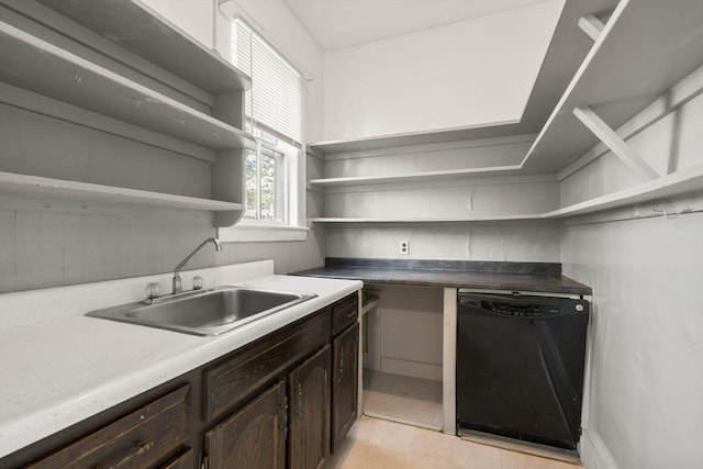 57 Rindge Ave, Cambridge, MA 02140 - kitchen with open shelves, dishwasher, a sink, dark brown cabinets, and light floors