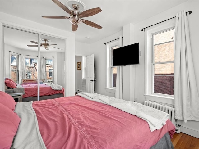 220-224 Washington St Unit 6, Brookline, MA 02445 - bedroom featuring wood finished floors, ceiling fan, radiator heating unit, and multiple windows