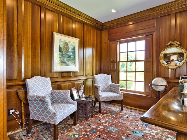 sitting room with wooden walls