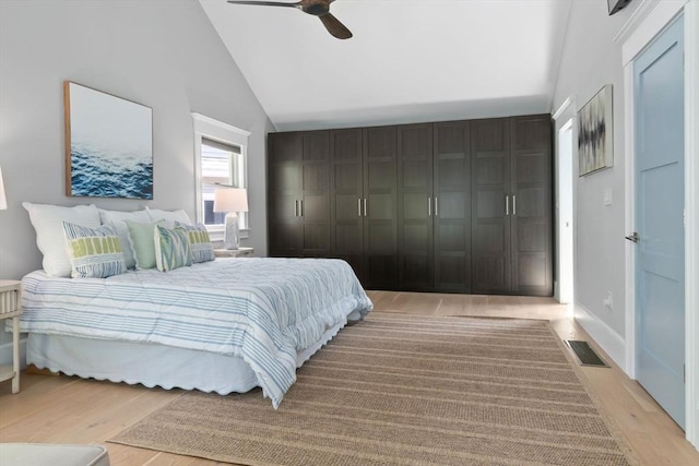 33 Pine Hill Rd, Newburyport, MA 01950 - bedroom with light wood finished floors, high vaulted ceiling, and a ceiling fan