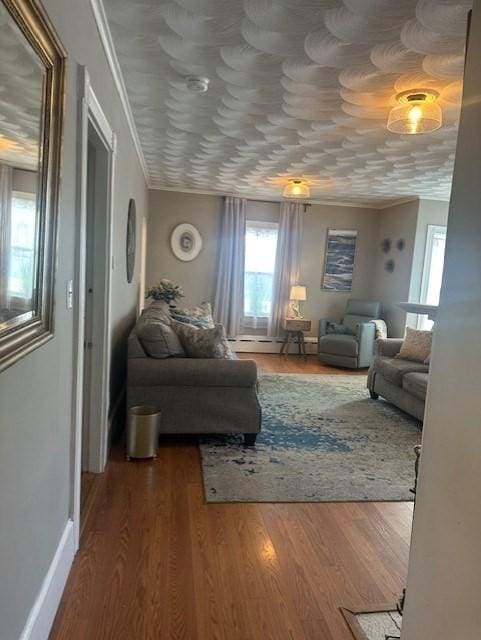 living room with crown molding, wood finished floors, baseboards, and baseboard heating