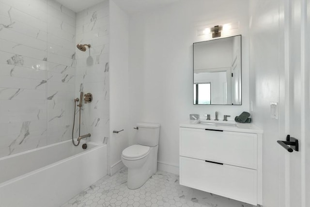 full bathroom with tile patterned flooring, vanity, tiled shower / bath combo, and toilet