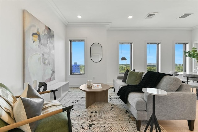 living room featuring plenty of natural light and crown molding