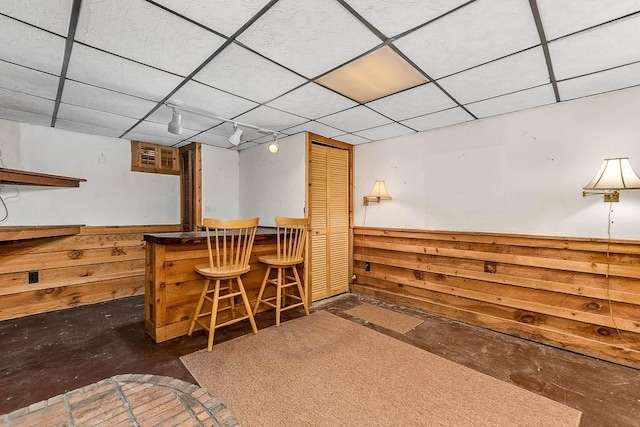 bar featuring a paneled ceiling, a wainscoted wall, wood walls, a dry bar, and track lighting