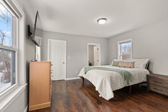 bedroom featuring dark hardwood / wood-style floors and multiple windows