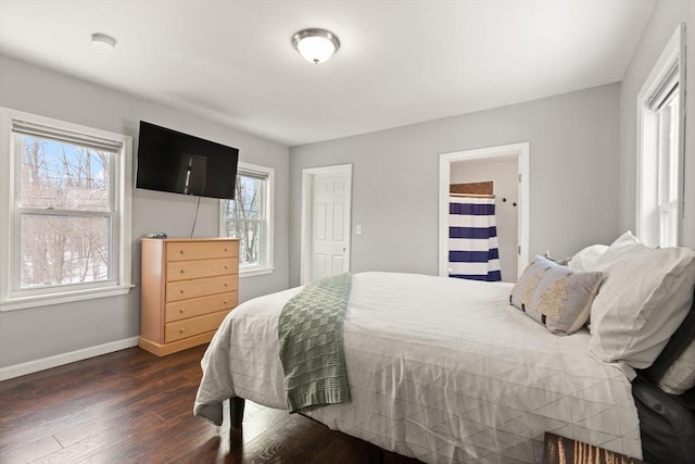 bedroom featuring multiple windows and dark hardwood / wood-style flooring