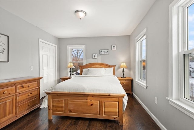 bedroom with multiple windows and dark hardwood / wood-style floors