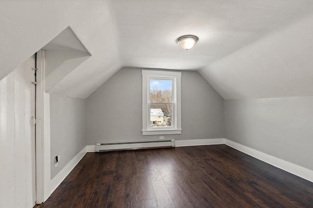 bonus room with wood-type flooring, a baseboard radiator, and lofted ceiling