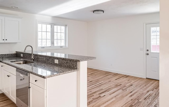 kitchen with white cabinets, dishwasher, dark stone countertops, sink, and kitchen peninsula