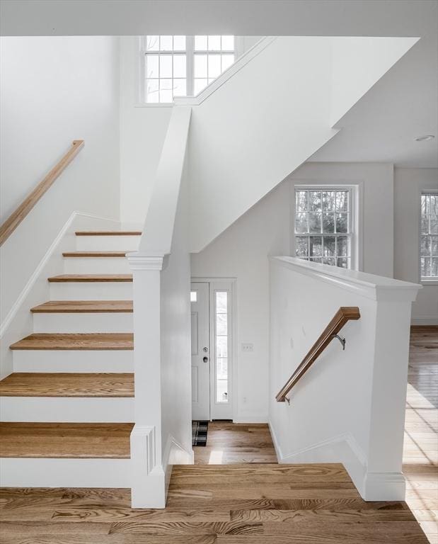 foyer with a healthy amount of sunlight and light hardwood / wood-style flooring