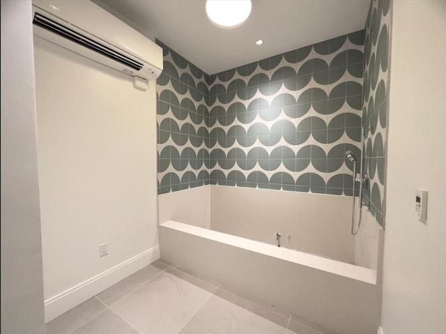 full bath featuring marble finish floor, baseboards, recessed lighting, shower / tub combination, and a wall unit AC