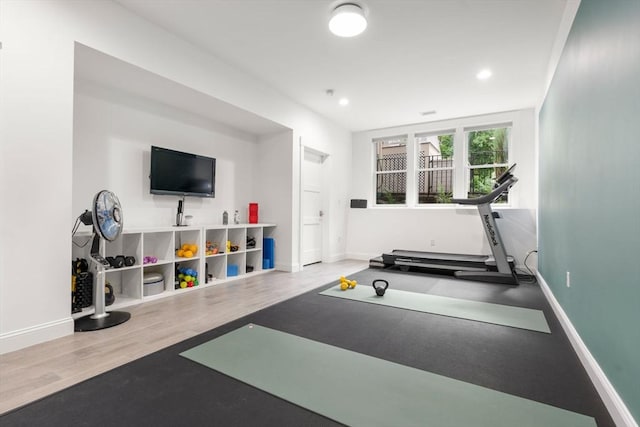323 Lake Ave Unit 323, Newton, MA 02461 - workout room featuring baseboards, wood finished floors, and recessed lighting