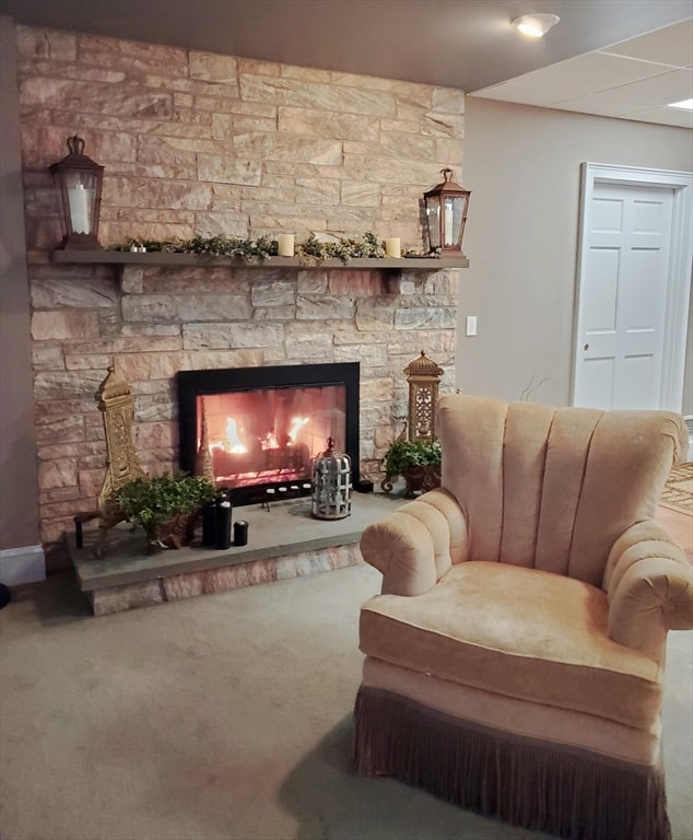 living room with carpet flooring and a stone fireplace