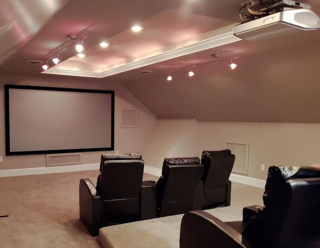 carpeted cinema room with a raised ceiling