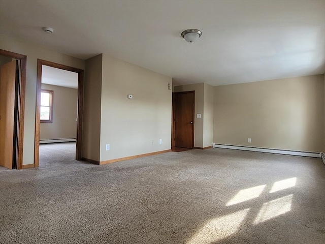 unfurnished room with a baseboard radiator, baseboards, light carpet, and baseboard heating