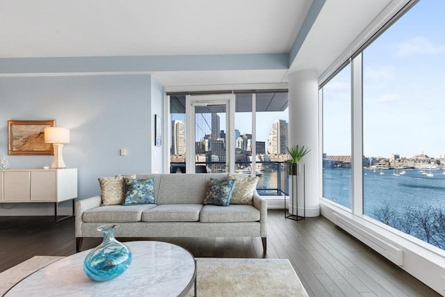 living room with a wealth of natural light, a water view, hardwood / wood-style floors, and a wall of windows