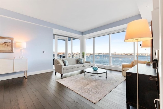 living room with a water view and dark hardwood / wood-style flooring