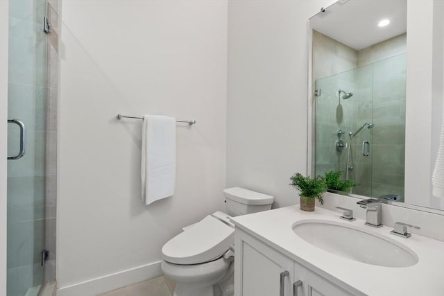 bathroom with tile patterned flooring, vanity, toilet, recessed lighting, and a shower stall