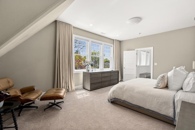 bedroom with light carpet