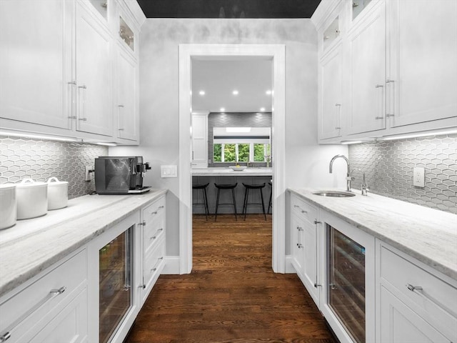 17 Olde Hickory Path, Westborough, MA 01581 - indoor wet bar with wine cooler, dark wood-style flooring, and tasteful backsplash