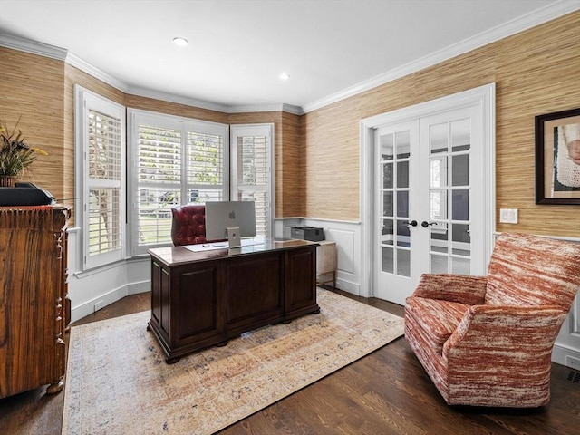 17 Olde Hickory Path, Westborough, MA 01581 - office space featuring french doors, crown molding, wallpapered walls, wood finished floors, and a wainscoted wall