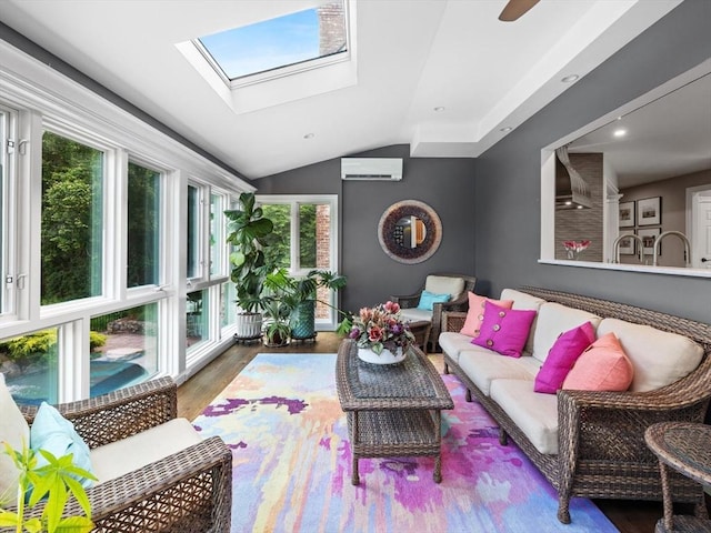 17 Olde Hickory Path, Westborough, MA 01581 - living area featuring wood finished floors, a skylight, vaulted ceiling, a wall mounted AC, and recessed lighting