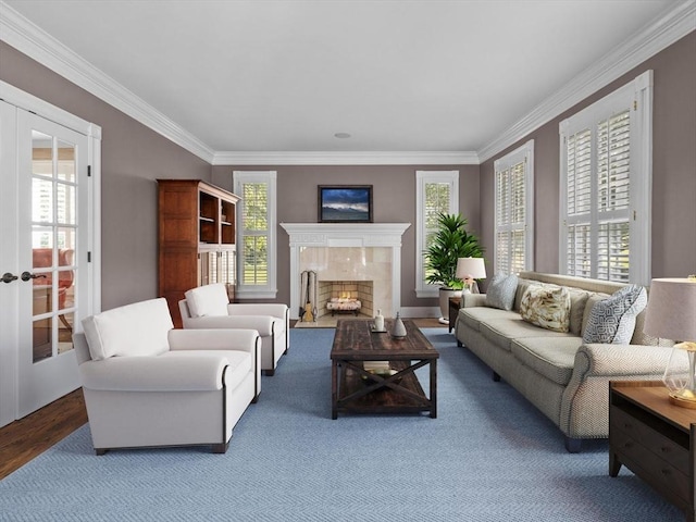 17 Olde Hickory Path, Westborough, MA 01581 - living room featuring healthy amount of natural light, ornamental molding, a tiled fireplace, and wood finished floors