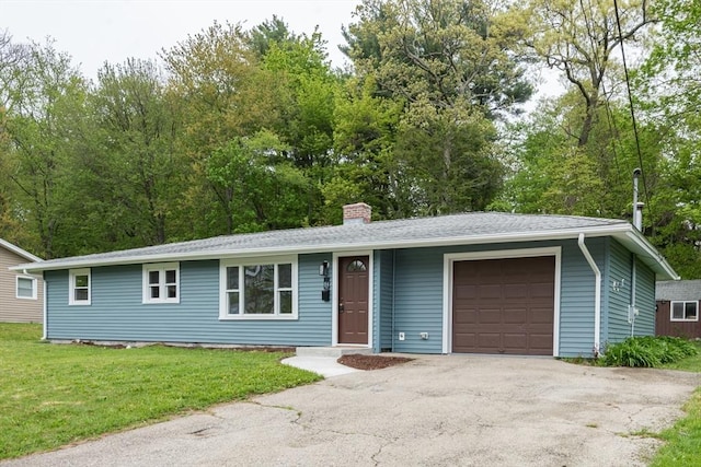 84 Poole Cir, Holbrook, MA 02343 - single story home featuring a garage, a chimney, driveway, and a front yard
