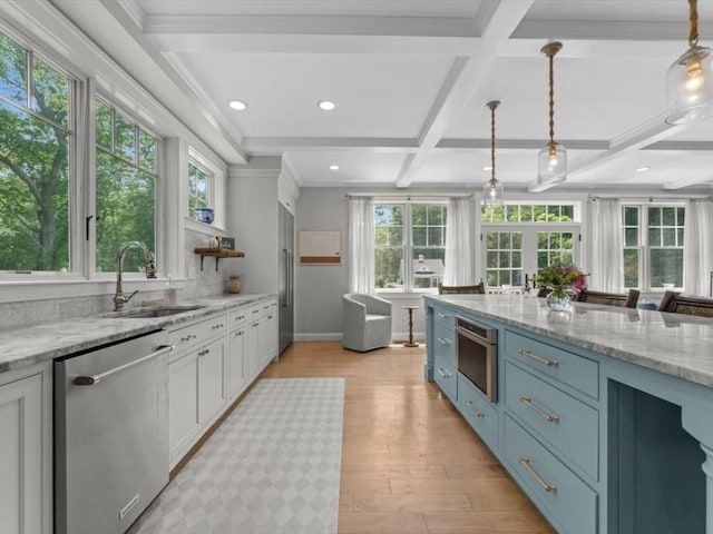 35 Forster Rd, Manchester, MA 01944 - kitchen featuring dishwasher, light wood-type flooring, white cabinets, coffered ceiling, and plenty of natural light