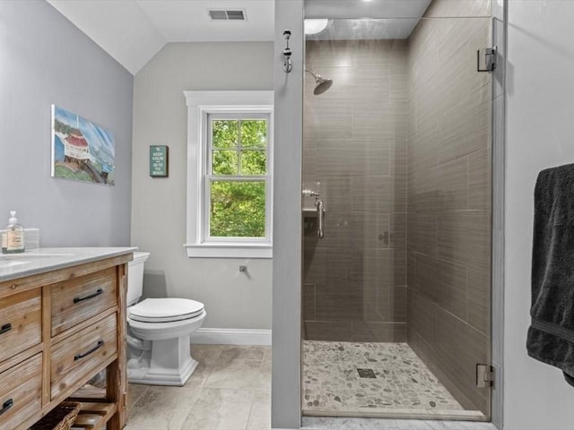 35 Forster Rd, Manchester, MA 01944 - full bath with a shower stall, vanity, vaulted ceiling, and tile patterned flooring
