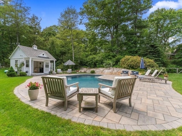 35 Forster Rd, Manchester, MA 01944 - outdoor pool featuring an exterior structure, a patio, an outdoor structure, and a lawn