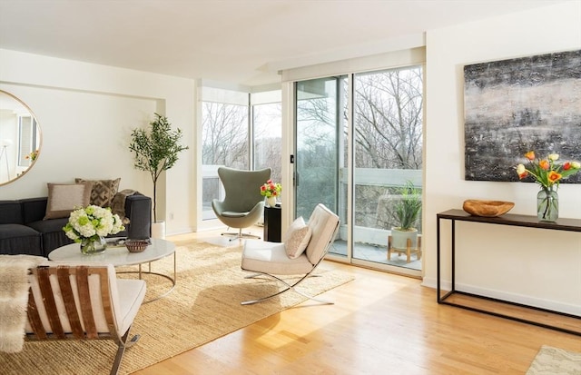 sitting room with expansive windows and wood finished floors