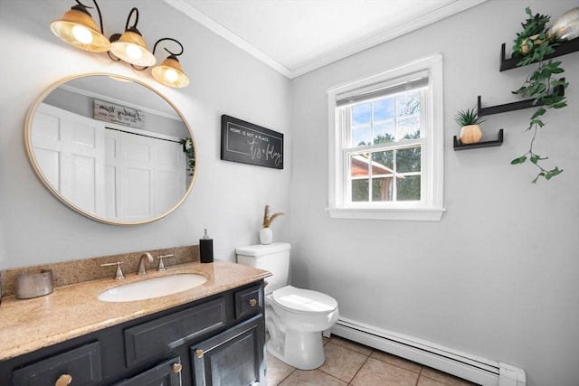 bathroom featuring crown molding, tile patterned flooring, vanity, toilet, and a baseboard radiator
