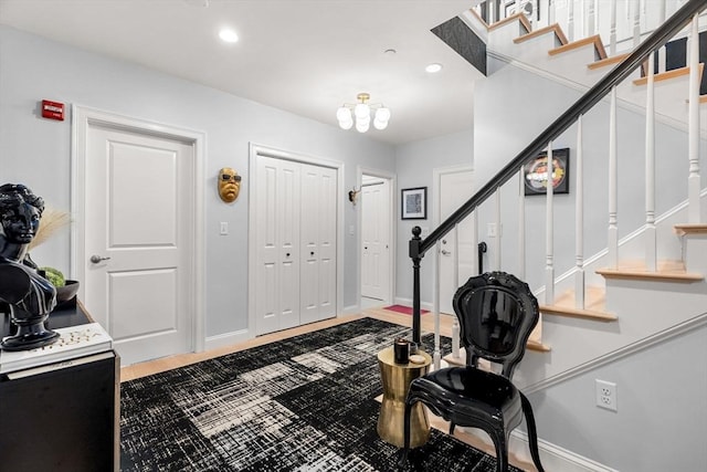 workout area with recessed lighting and baseboards