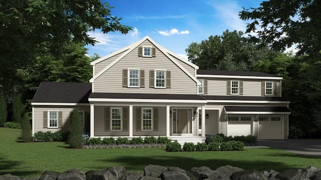 15 Turkey Hill Ln, Hingham, MA 02043 - view of front facade with an attached garage, a porch, a front yard, and asphalt driveway