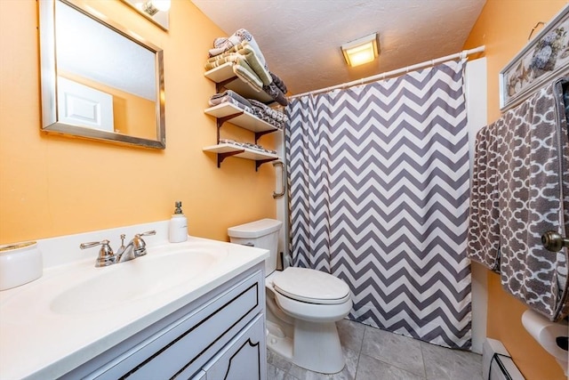 bathroom with curtained shower, toilet, vanity, baseboard heating, and tile patterned floors