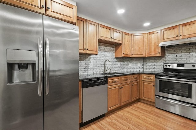 9 Broadway Unit 217, Saugus, MA 01906 - kitchen featuring stainless steel appliances, a sink, under cabinet range hood, light wood finished floors, and backsplash