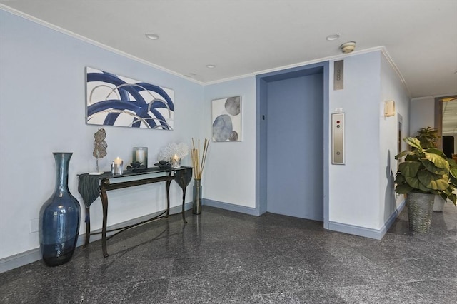 9 Broadway Unit 217, Saugus, MA 01906 - corridor with baseboards, elevator, ornamental molding, and recessed lighting