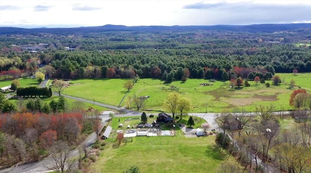 birds eye view of property featuring a rural view and a wooded view