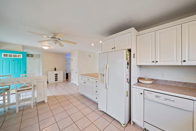 kitchen with ceiling fan, white cabinets, light tile patterned flooring, and white appliances