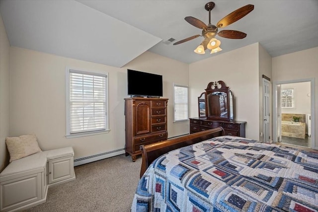 bedroom featuring visible vents, carpet flooring, multiple windows, and a baseboard radiator